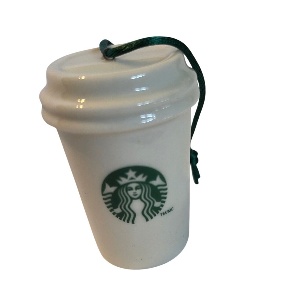 Starbucks‎ 2011 Ceramic Coffee Cup Mini To-Go Cup Ornament White with Green Logo